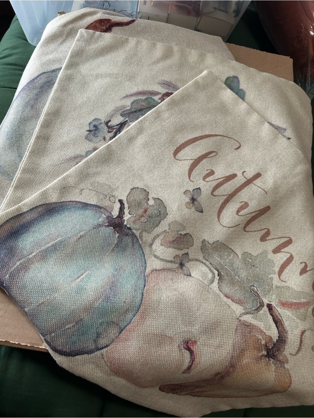Autumn Harvest Printed Pillow Covers - Cream with Blue and Brown Accents